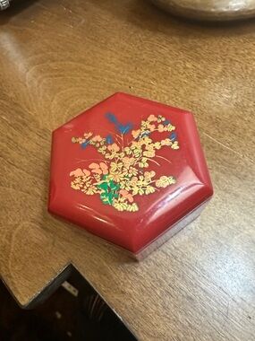 Red Hexagonal Decorative Trinket Box with Floral Motif